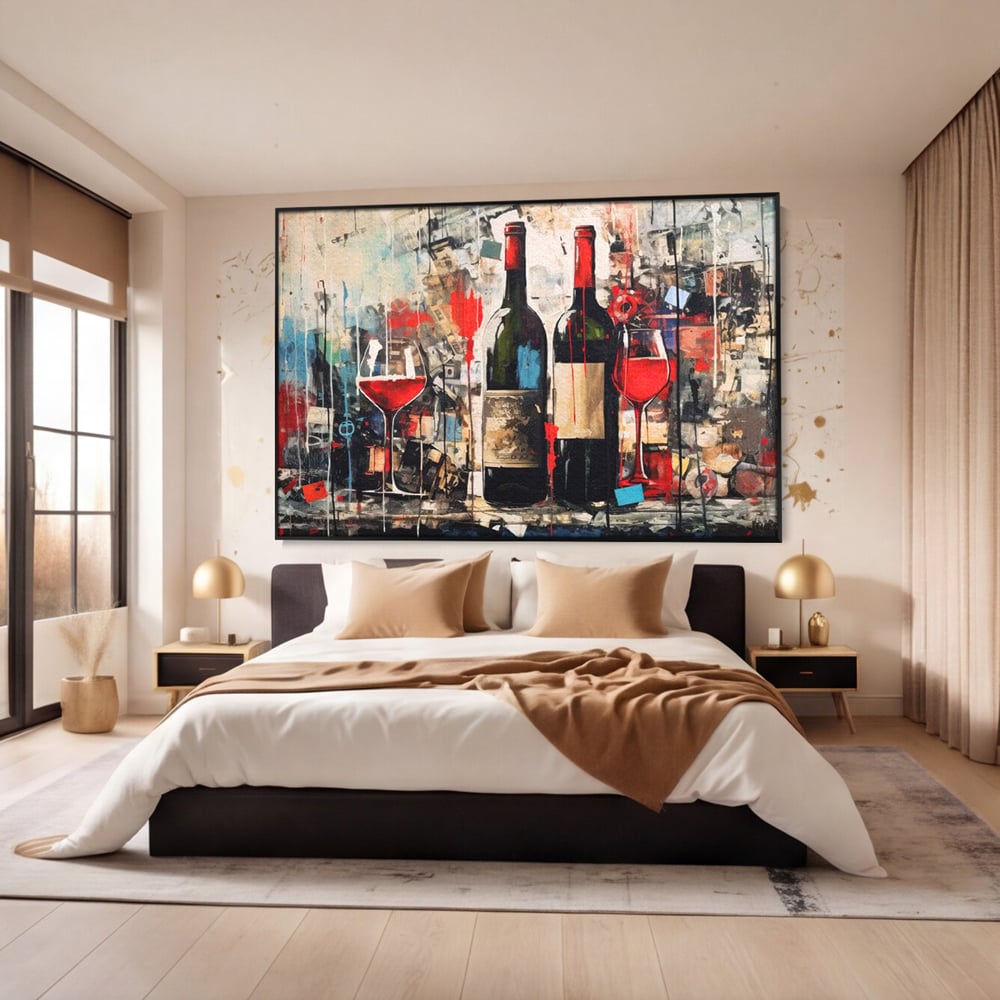Tablou canvas cu pictura abstracta cu sticle si pahare de vin, in rama de aluminiu negru, pe perete intr-un dormitor